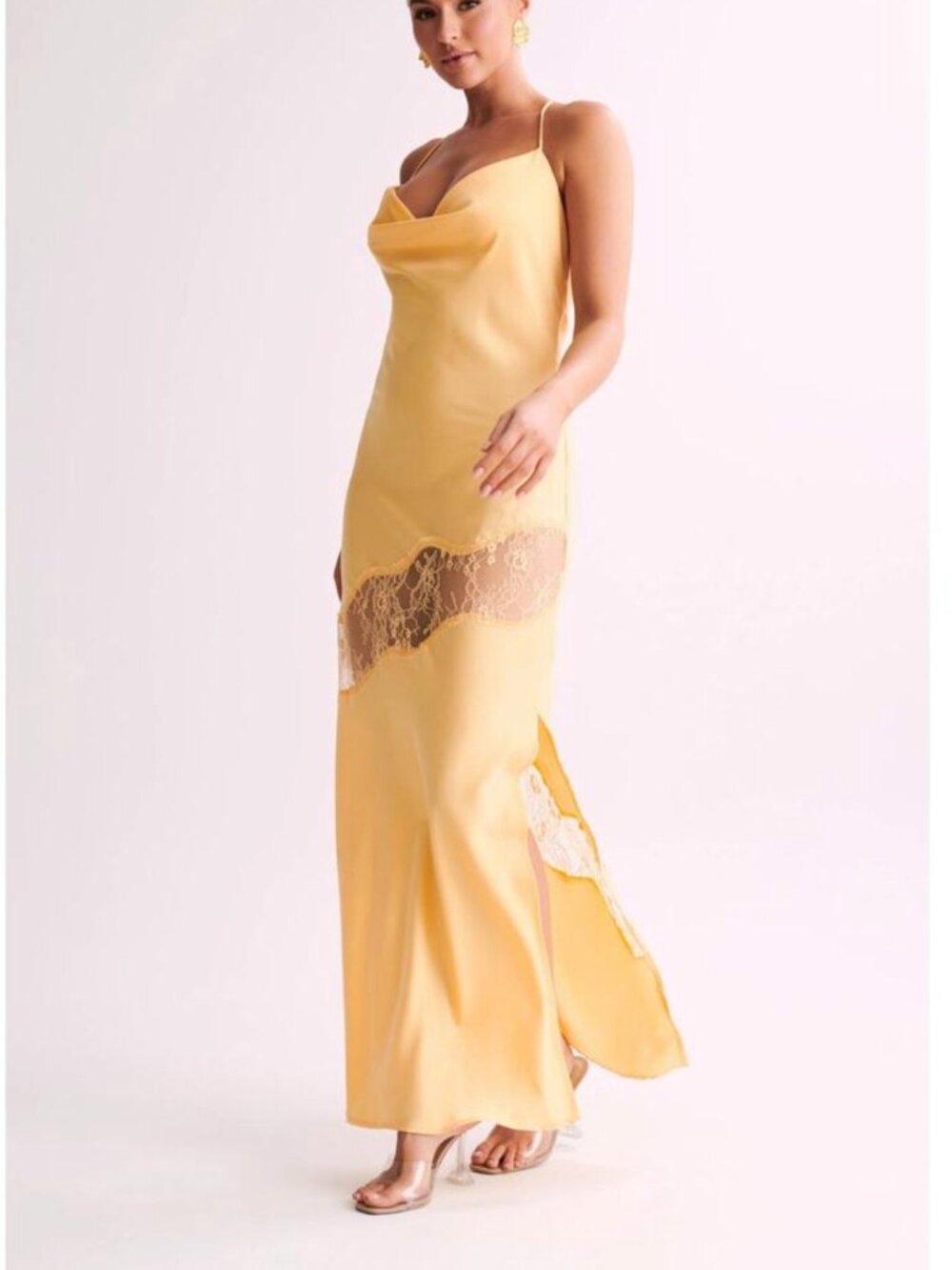 Meshki Yellow Satin Maxi Dress with Lace Trim